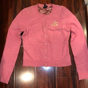 Pink Sweater with cute flower detail and Lace Back Size L